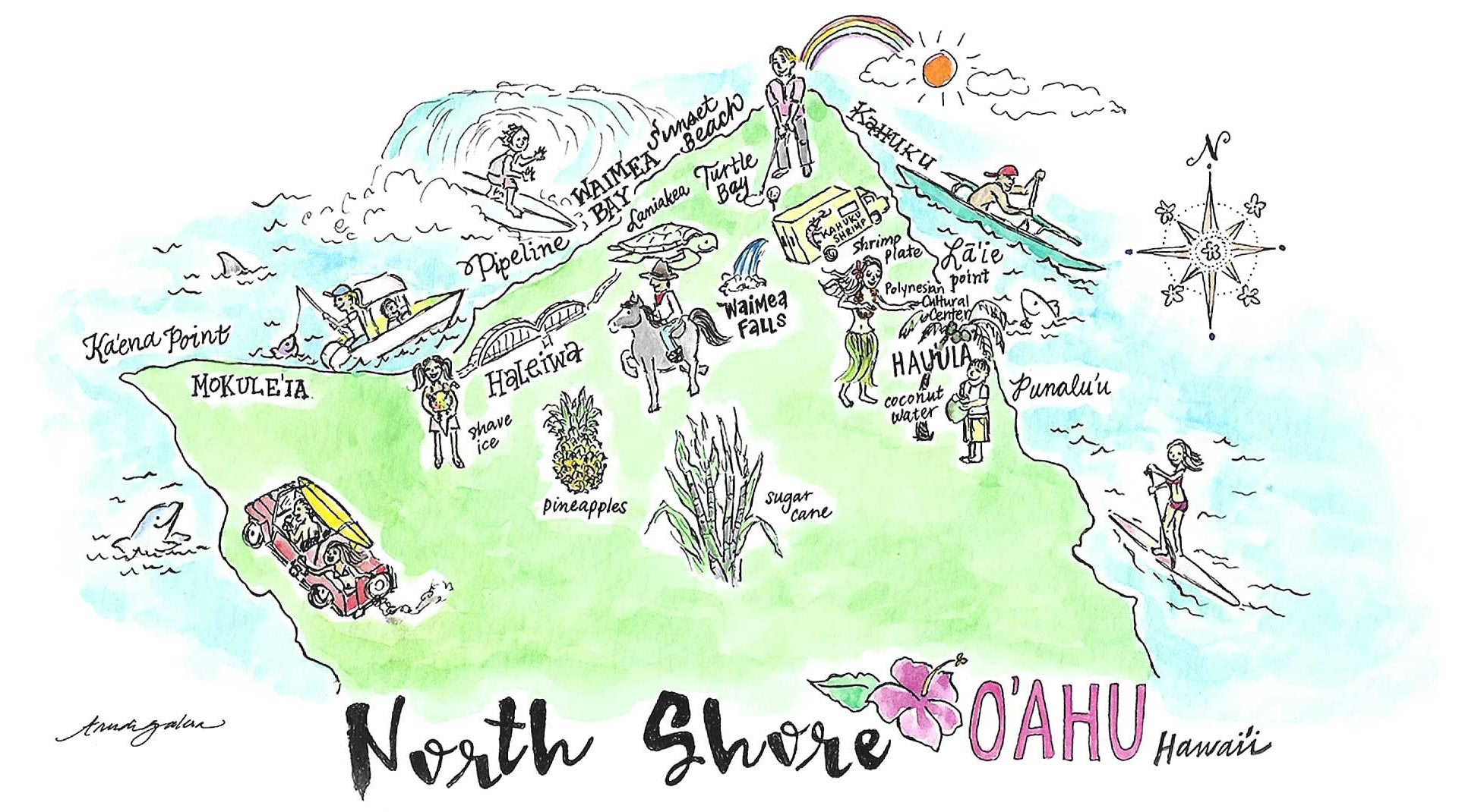 A Beautifuly Drawn Map of Oahu and Nearby Locations